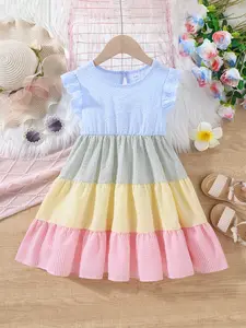 Girls Summer Rainbow Stripe Patchwork Dress, Colorful Striped Design with Flutter Sleeves, Perfect for Daily Casual Outings, Sleeveless Dress