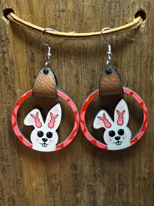 Easter Bunny Ears Wood Earrings with Faux Leather Straps – Nickel Free Hooks