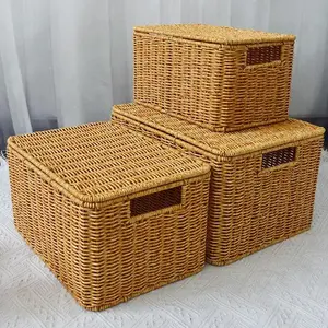 Woven Rattan Storage Basket, 1 Count Multi-size Clothes & Toy & Snack & Book & Sundries Storage Box with Lid, Home Organizer for Living Room Bedroom Kitchen, Multipurpose Basket