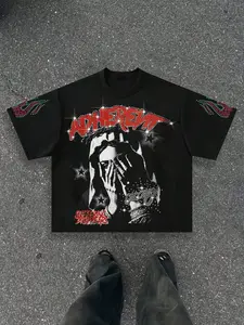Unisex Adherent Rhinestone Loose T-Shirt, Religious Figure Print, Rhinestone Letters, Soft Fabric, Gothic Hip-Hop Style