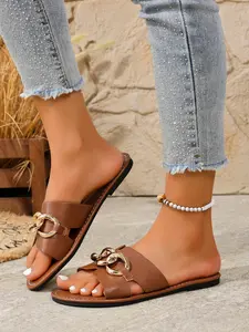 Women's Fashionable Plain Color Chain Decor Slide Sandals, Casual Comfortable Flat Sandals for Summer, Lightweight Breathable Shoes for Daily Wear, Girl