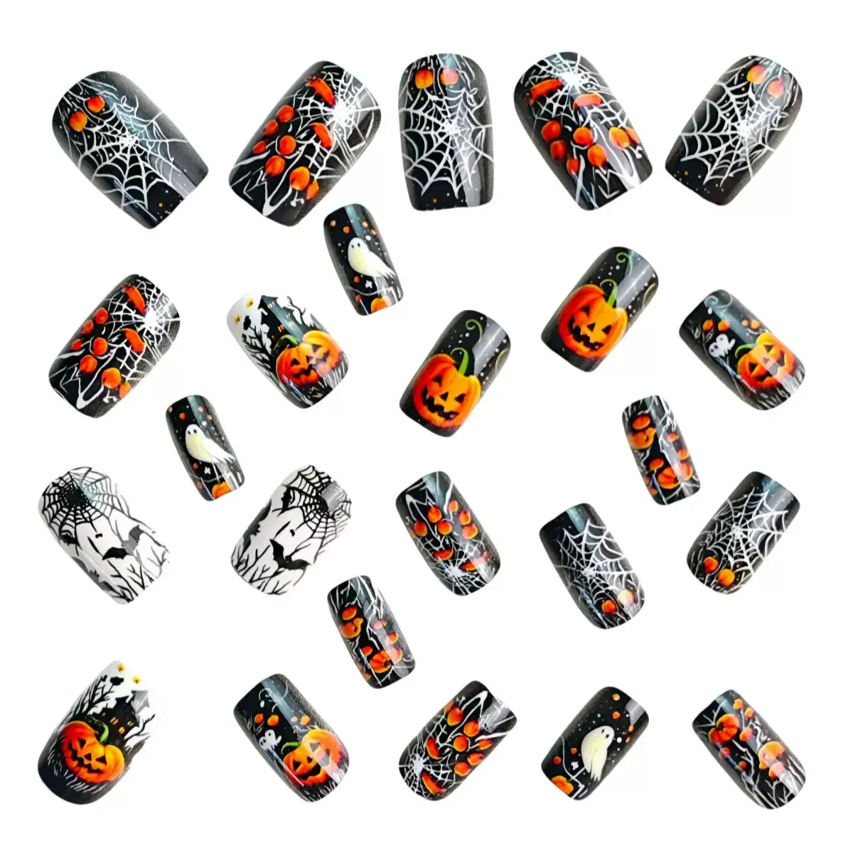 24-Piece Halloween Women's Stick-On False Nail Set: Pumpkin and Spider Web Designs, Cute Little Ghost Designs, Black Artificial Nails, Long Full-Coverage Nail Tips, DIY Nail Art