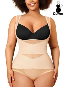 【Plus Size】 Solid Color Open Bust Hook & Eye Closure Crotch High Waisted Shapewear Bodysuit, Breathable Comfortable Shaper, Tummy Control Butt Lifter, Ladies Shapewear for All Seasons