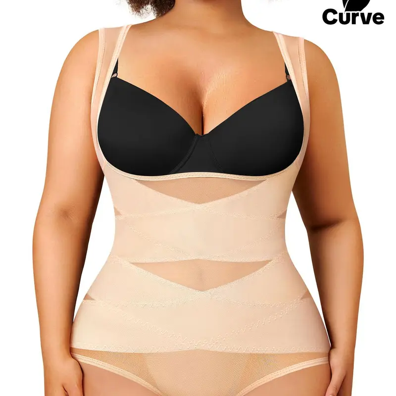 【Plus Size】 Solid Color Open Bust Hook & Eye Closure Crotch High Waisted Girdles Shapewear Bodysuit, Body Shaping Bodysuit, Breathable Comfortable Shaper, Tummy Control Butt Lifter, Ladies Shapewear for All Seasons