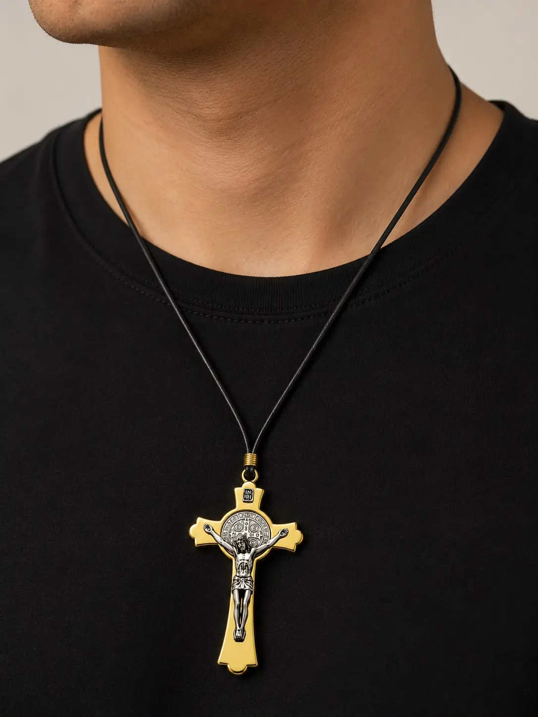 Two-tone gold Saint Benedict medal prayer box paracord pendant necklace