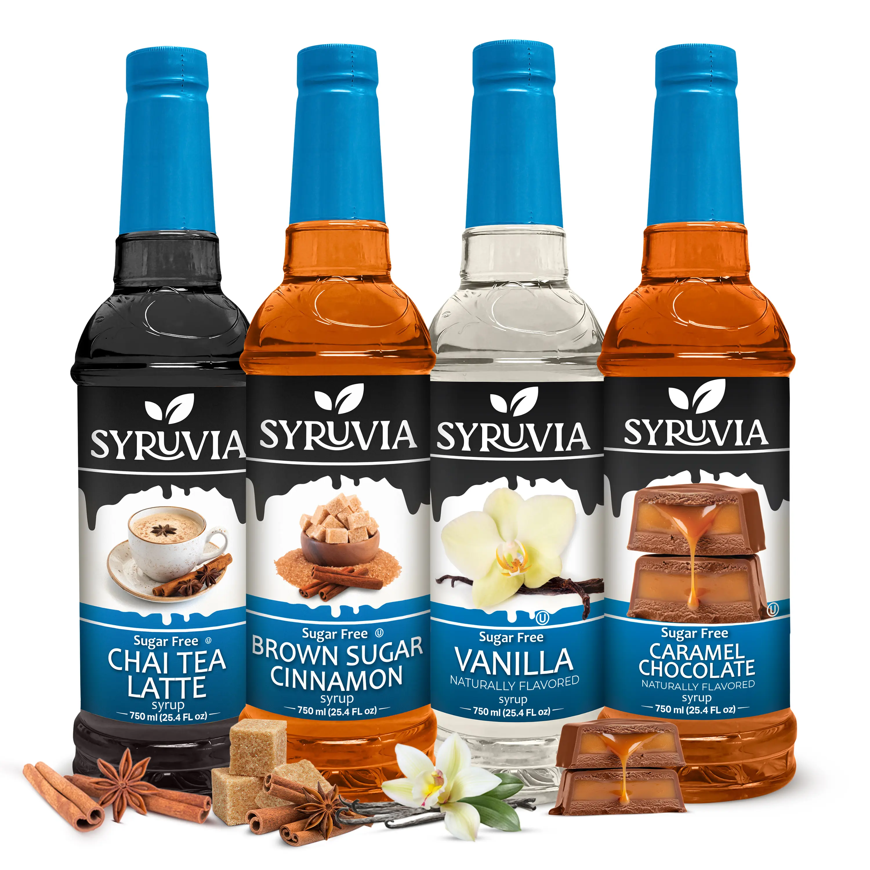 Syruvia Sugar Free Coffee Syrup Variety Pack - Chai Tea Latte, Brown Sugar Cinnamon, Vanilla & Caramel Chocolate - Gluten-Free, Kosher, 25.4 fl oz - Cozy Flavor Set for Coffees, Lattes, Iced Tea & More (4-Pack), Sweet, Beverage, Chai Syrups & Concentrates