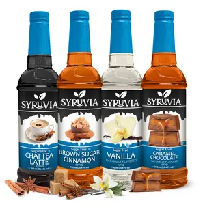Syruvia Sugar Free Coffee Syrup Variety Pack - Chai Tea Latte, Brown Sugar Cinnamon, Vanilla & Caramel Chocolate - Gluten-Free, Kosher, 25.4 fl oz - Cozy Flavor Set for Coffees, Lattes, Iced Tea & More (4-Pack)