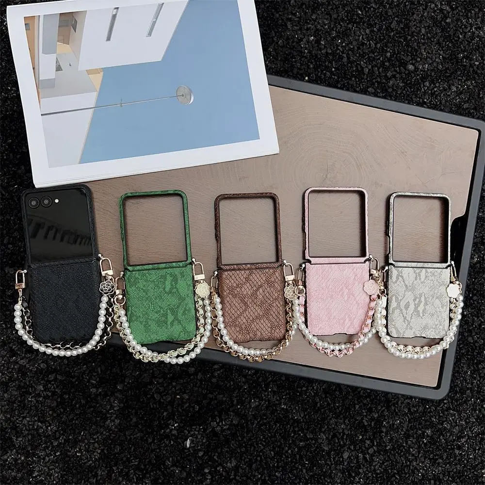 Snake Pattern PU Leather Phone Case Flower Charm & Hinge Protection For Samsung Galaxy Z Flip8 7 6 5