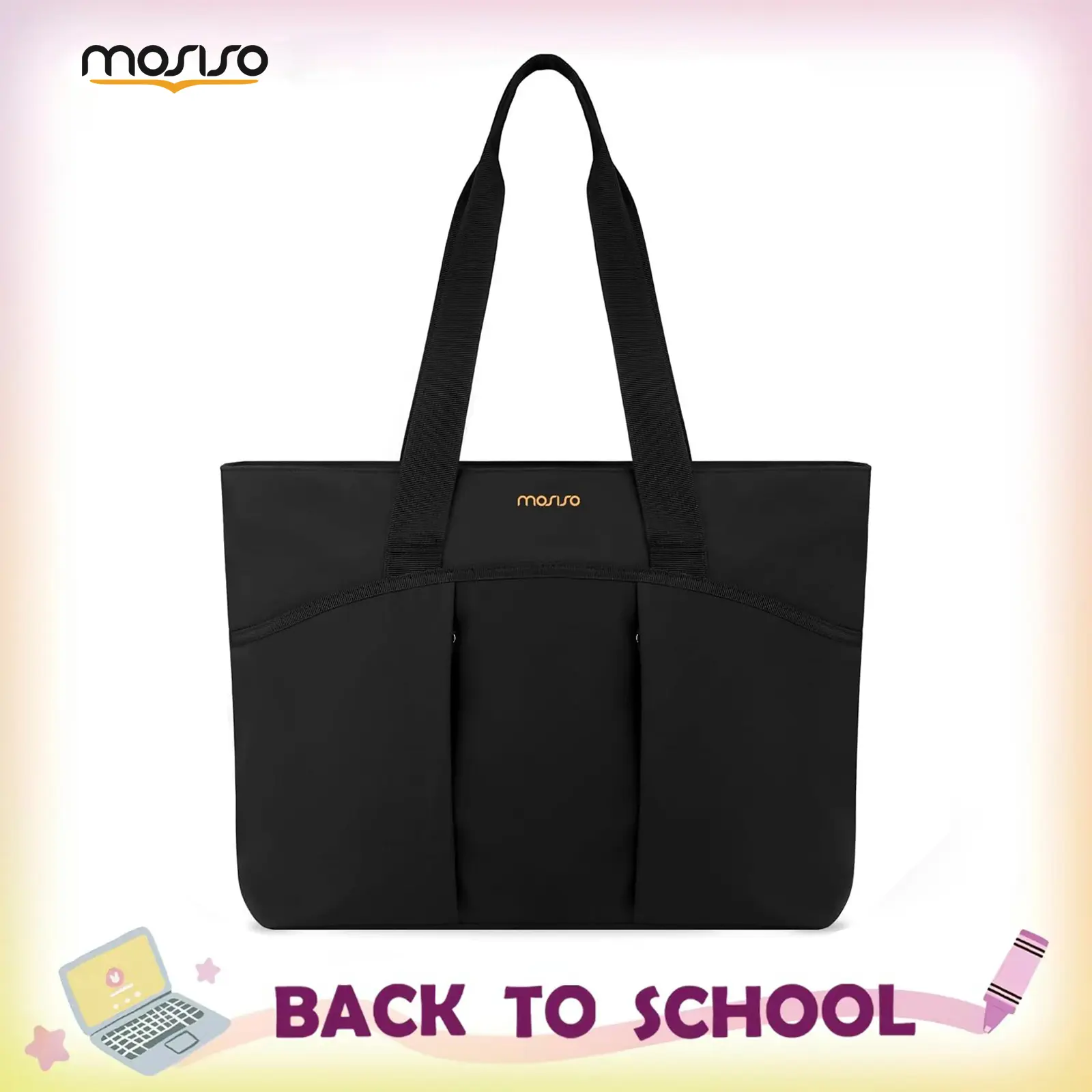 MOSISO Women's Casual Canvas Tote Bag, Sweet Everyday Work Bag with 15.6 Inch Padded Laptop Compartment for Commuting & Travel, Commuter Tote, Multi Compartment Bag