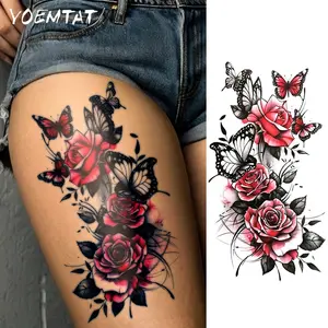 Waterproof Temporary Tattoo Sticker Anchora Red Butterfly, Rose, Lily, Peony, Leaves, Dark Style Pattern, Gift For Beautiful Lady Body Art Arm Fake Tattoos Sleeve For Women Men Hands Wrists Shoulders Waist Legs Ankles