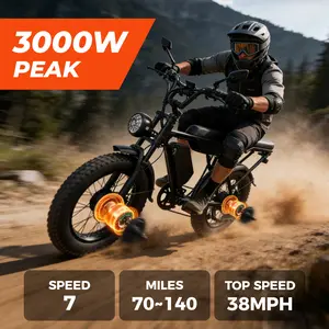 Electric ebike Peak Power 3000W, Front Suspension, Top Speed 38 MPH, Range 70-140 Miles, 60V Class Lithium Battery Approx. 1600Wh Capacity 30Ah Removable Battery, 2-Seater Design, LED Lights, 20-Inch All-Terrain Fat Tires, UL 2849 Certified ebike