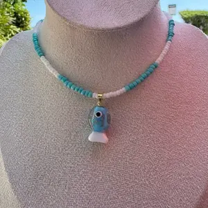 Blue Fish Necklace Beaded Choker Turquoise White Summer Jewelry Handmade