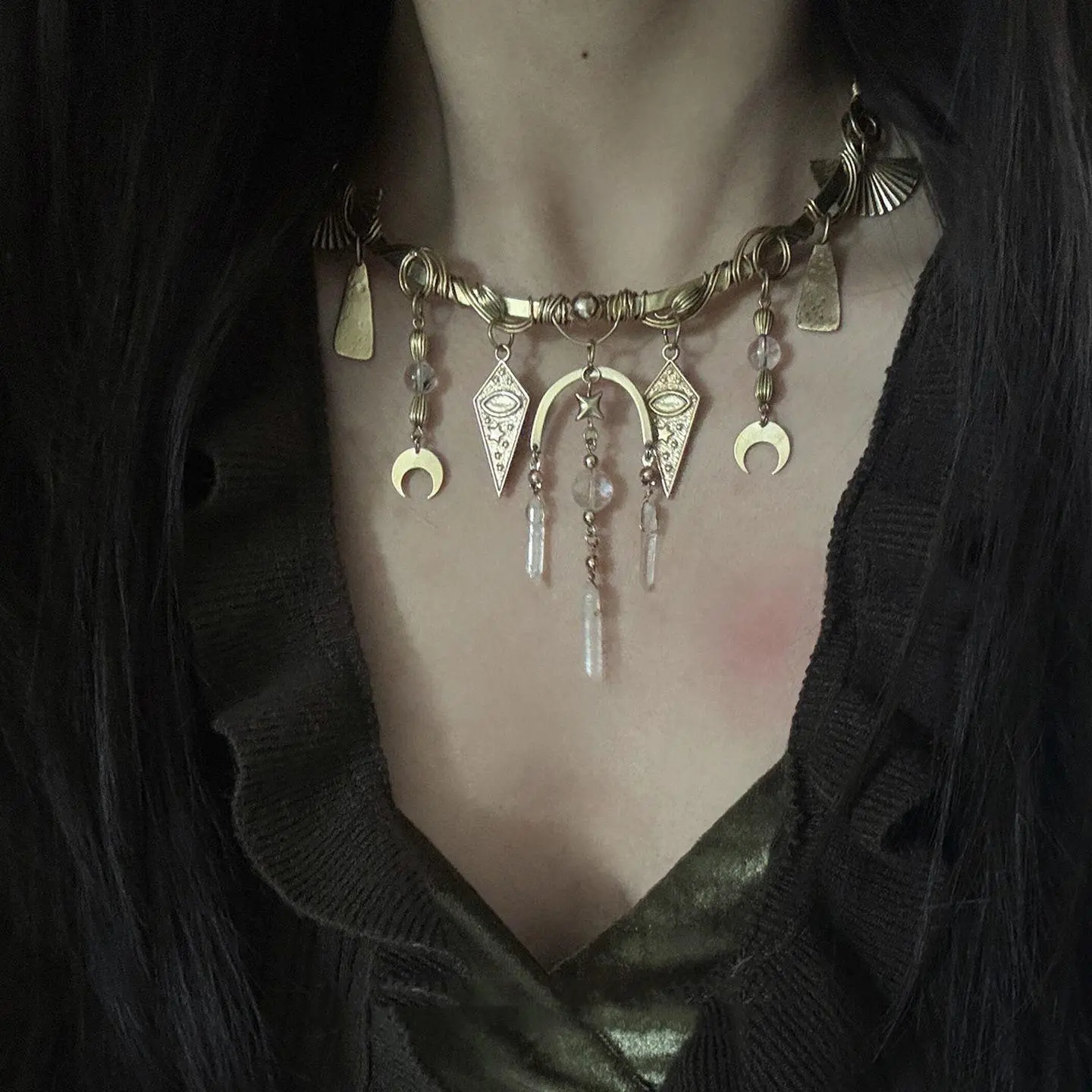 Women's Boho Choker Necklace, Handmade Crystal Moon Pendant with Tassel, Vintage Evil Eye Dangle Drop Gothic Festival Jewelry, Bohemian Chic Pendant, Female, Witchy, Metal, Crystal Tassel, Vintage Evil Eye Pendant