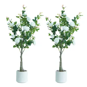 120cm Artificial Light Pink Rose Flower Trees with Silk Leaves & Realistic Blooms, Perfect for Living Room, Bedroom, Office & Entryway Decor, White Pot, 2pcs