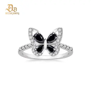 Delzzad 2ct Black Butterfly Ring Pear Synthetic Moissanite Ring Band S925 Christmas Gift