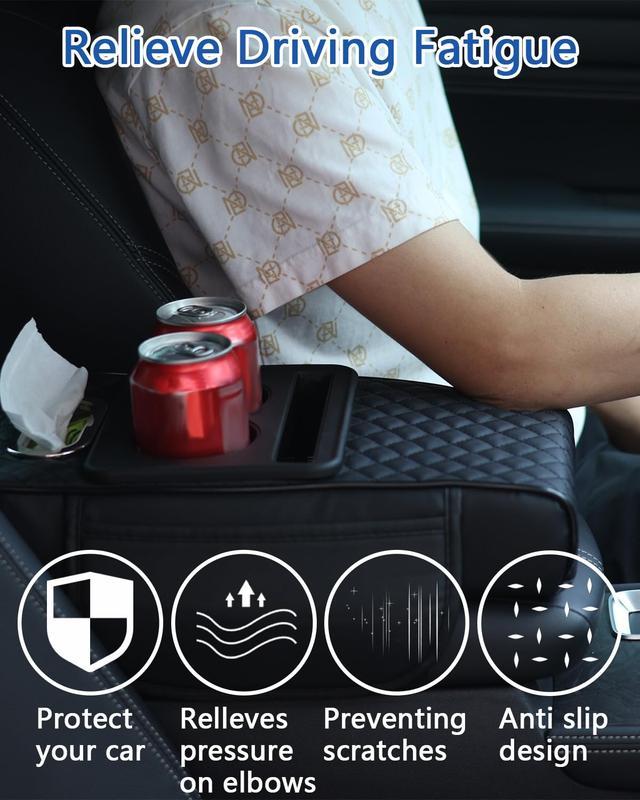 The black and red five-in-one car center console armrest cover comes with built-in dual storage bags, cup holders, tissue holders, and phone holders, providing all-in-one interior storage solutions for your car.