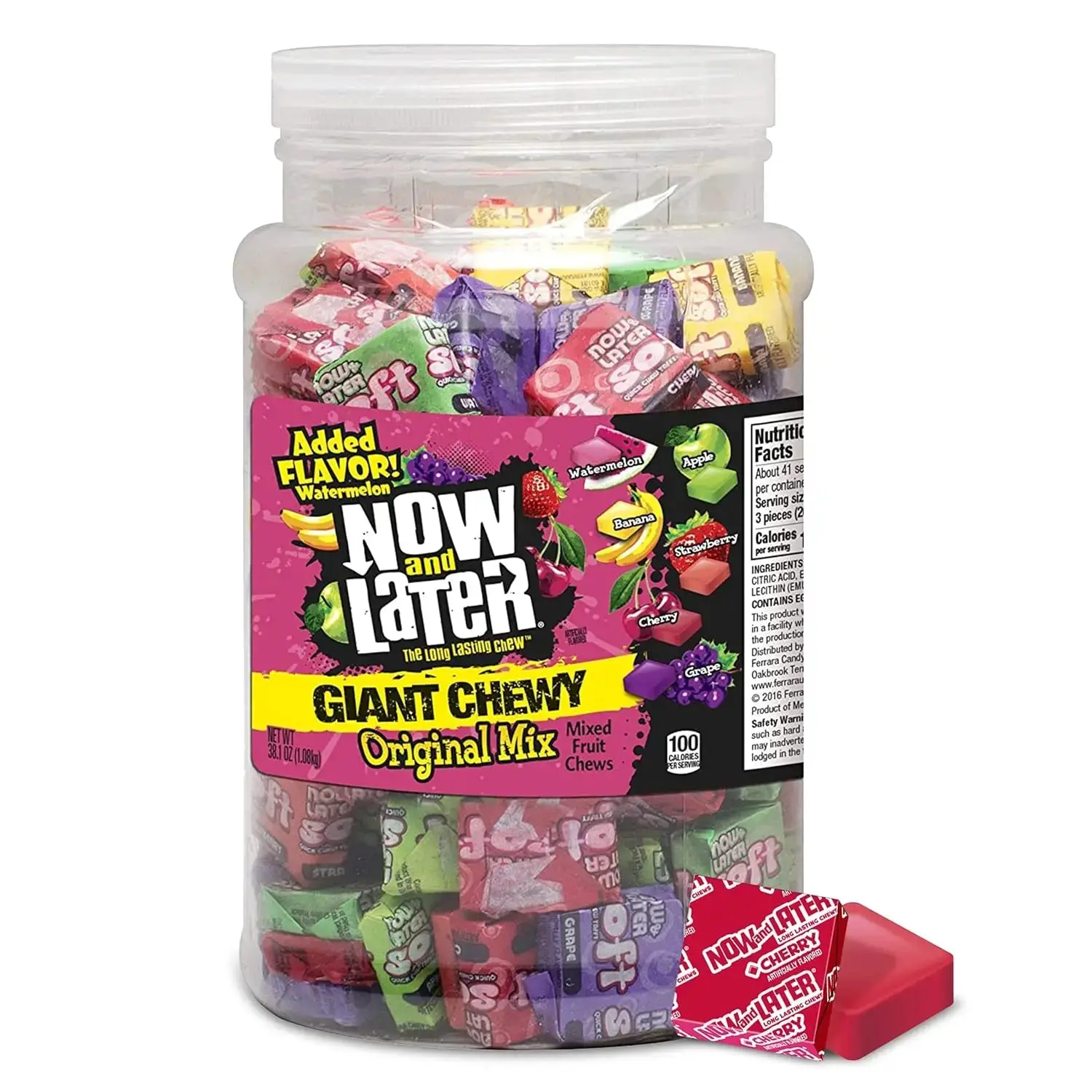 Now and Later Giant Chewy Gummy Candies - 38oz Tub, Candy in Bulk, Assorted Sweet Fruit Flavors (Strawberry, Berries, Banana, Cherry, Watermelon, Grape), 12-Month Shelf Life, 38oz Bottle Option, Snacks