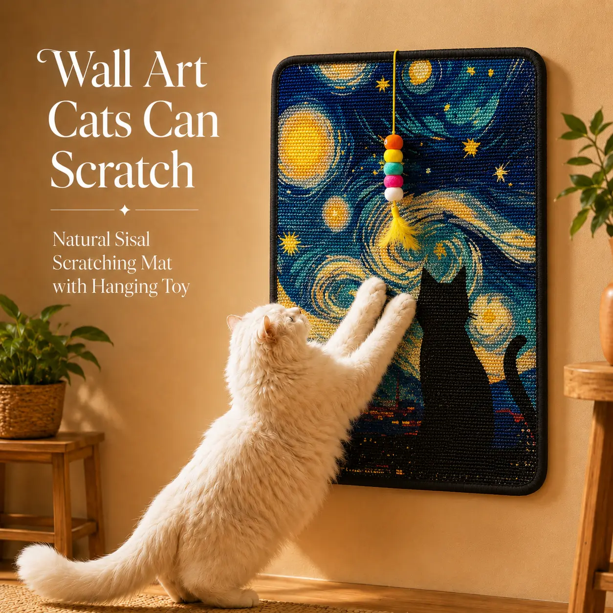 Premium Natural Sisal Cat Scratcher Mat - Indoor Cats Vertical Scratcher, Wall-Mounted Self-Adhesive Pad with Hanging Toy, Furniture Protector for Sofa, Door, Natural Sisal Scratcher