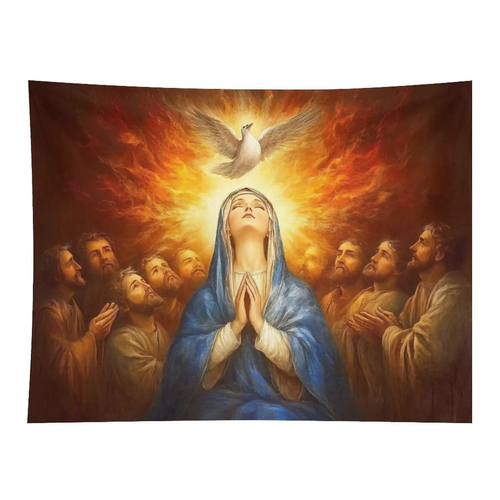 Pentecost Virgin Mary Holy Dove Fire Warm Christian Religious Wall Tapestry Wall Hanging, Sacred Spiritual Bible Art Decor for Prayer Room Church Backdrop