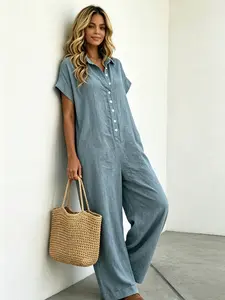 A lady's fashion French lazy-fit jumpsuit with a loose button-up design, featuring slimming wide-leg style. Perfect for summer, suitable for light social occasions, afternoon tea, vacation trips, commuting, and at-home wear.