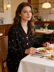 Women's Colorblock Cherry All-Over Printed Pyjama Set, Long Sleeve Button Front Shirt & Loose Elastic Pants, Casual Home Wear