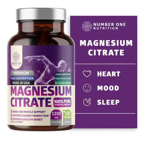 Pure Magnesium Citrate Capsules 1250mg, Easily Absorbed and Purified Trace Mineral for Muscle and Digestive Support, 120 Caps