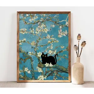 Black Cat Art, Vincent Van Gogh's Almond Blossom Cat Print, Van Gogh Cat Poster, Funny Cat print, Funny gift, Home decor Poster 9-12 20