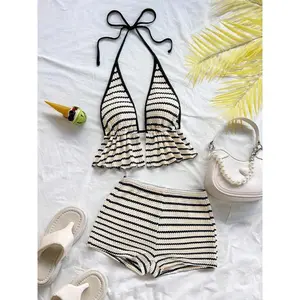 Summer Women's Sexy Colorblock Backless Bow Tie Ruffle Top and Shorts Set, Striped Pineapple Pattern Beach Vacation