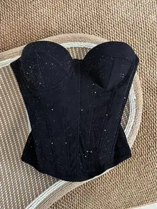 Women's Sequined Fishbone Bralette Top with Padding, Sexy Pure Desire Hot Girl Wrap Chest Corset Waist Cincher Tube Blouse