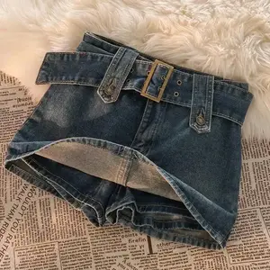 Vintage Denim Mini Skirt Women Summer Sexy Solid Color Belt Denim Skirt Women Casual Ball Gown Korean Slim A- line Dress