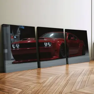 3-Piece Wood Framed Canvas Art Set, Dark Flame Muscle Car Decor Poster, Modern Home Wall Decoration, Wooden Wall Art, High-Definition Print, Waterproof