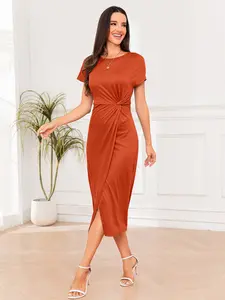 Women's Plain Twist Wrap  Dress, Casual Batwing Sleeve Round Neck Long Dress for Summer, Ladies Clothes for Daily Wear