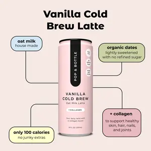 Pop & Bottle Vanilla Cold Brew Oat Milk Latte (12 Pack) with Organic Coffee, Naturally Sweet Dates & 3000 mg Marine Collagen
