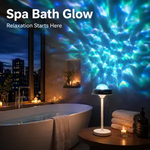 Rechargeable Shower Lamp with Ocean Wave Projector, RGB Color Changing Bathroom Light, Cordless Waterproof LED Night Light with Remote & Touch Control for Shower, Bathtub, Bedroom, Spa Decor & Relaxation