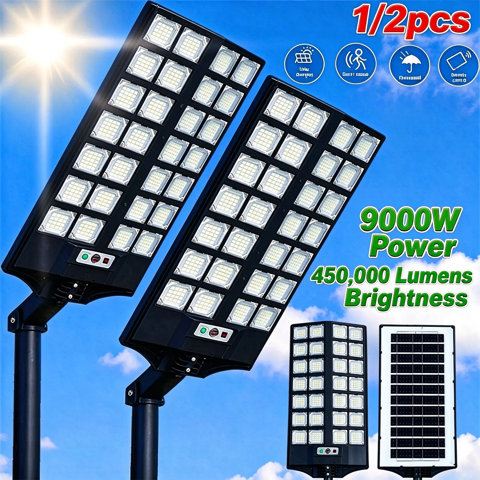 Outdoor Solar Security Lights, 9000 w450000 lumines, Solar Wall Lamp, IP65 Weather Smart Motion Sensor SecurityFlood Light, Motion-Triggered Decking & Patio yard Lighting for Home, Commercial Outdoor Use