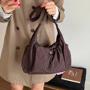 CuteCity New Casual Versatile Pleated Shoulder Bag, Fashionable Nylon Crossbody Bag, Large Capacity Solid Color Canvas Bag, Office Commuting Student Bag, Plaid Drawstring Pleated Cloud Bag, Large Capacity Backpack, Shoulder Bag, Crossbody Bag, Women's Bag