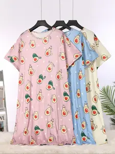 3pcs Plus Size Casual Knit T-Shirt Dress with Fruit Print, Short Sleeve Sleepwear Set for All Seasons, Loose-Fitting Home Wear