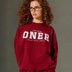 [With Logo]Oner New Oversize Drop Shoulder Crew Neck Sweatshirt, Unisex Cotton Fleece Lined Versatile Lazy Style Sports Top