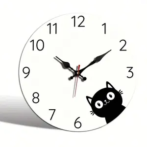 25cm 2D Flat Pure White Black Cat Round Wooden Wall-Mounted Clock, Battery-Powered (AA Battery Not Included), Ideal for Home, Kitchen, Swimming Pool, Bathroom, Living Room Decoration, Exquisite Craftsmanship, Perfect for Halloween, Christmas, and Holiday