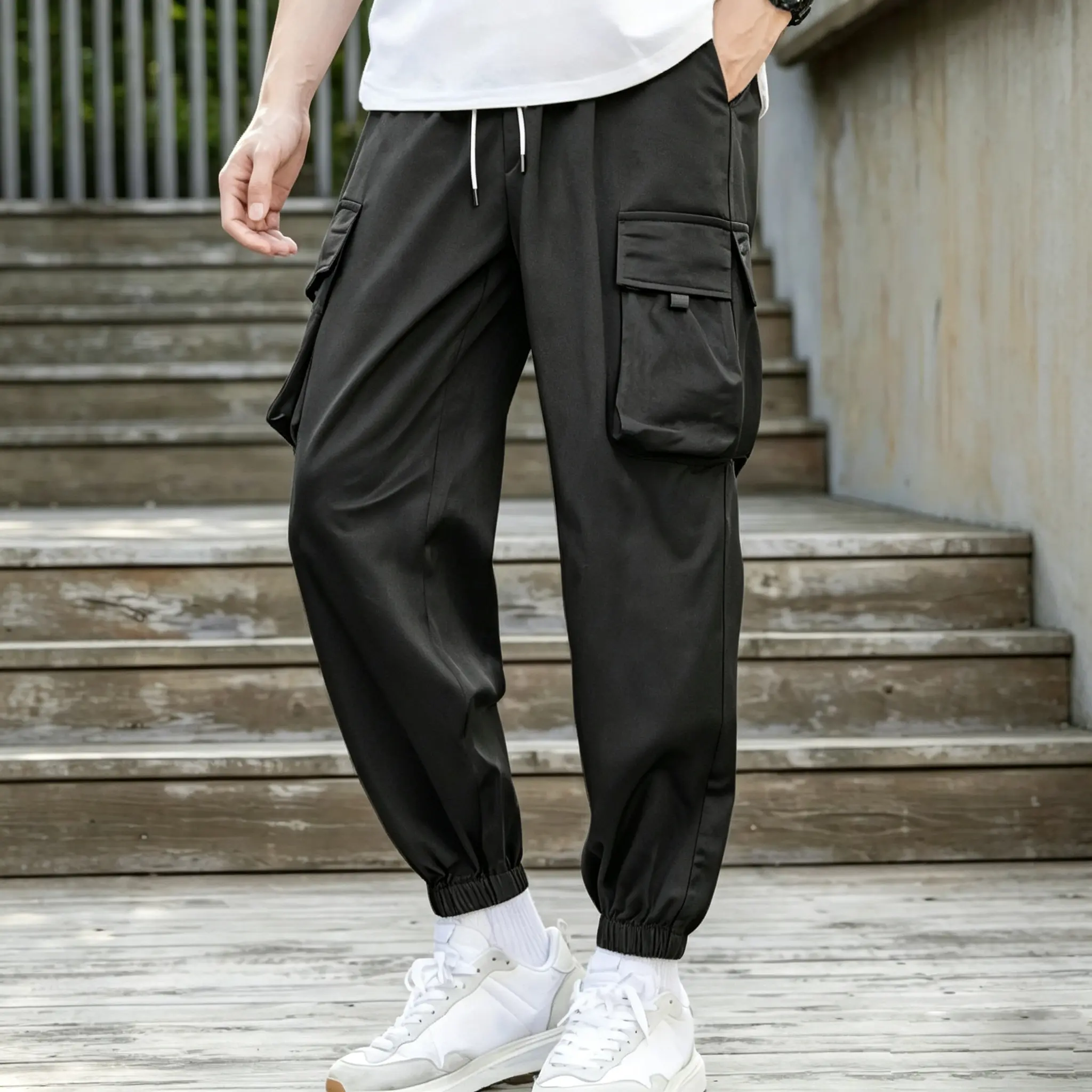 Menswear Men's Cuffed Cargo Pants - Spring/Autumn, Elastic Drawstring Cuffs, Multi-Pocket Functional Design, Lightweight Smooth Breathable Plain Fabric, Versatile for Everyday Outdoor Wear work usa
