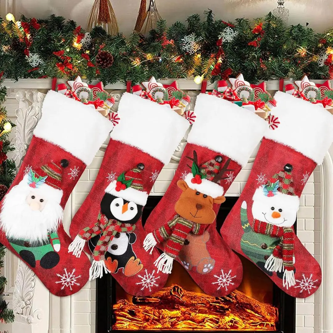 Christmas Stockings 4 Pack, 19'' Xmas Stockings with Snowflake Santa Snowman Reindeer Penguin and Plush Faux Fur Cuff Stockings for Stairs Fireplace Hanging Xmas Home Décor