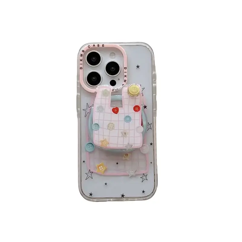 Magnetic Transparent Hard Case for iPhone - Pink Gingham Grid PopSocket Grip Stand, Colorful Button Decor, Star Print, Pink Camera Frame Cover