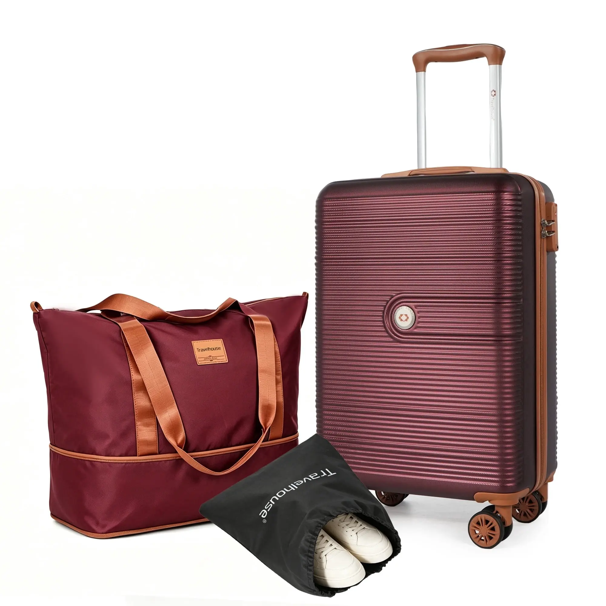 Travelhouse 3-Piece Hardside Spinner Carry on Luggage Set with TSA Lock and Travel Bag, Wine Red