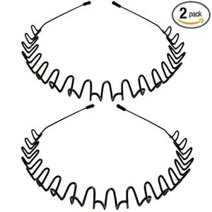WantGor Metal Headbands, 2 Pack Fashion Unisex Black Hairband Spring Wave Non Slip Sports Headwear Hair Hoop Hair Accessories (2 Pack)