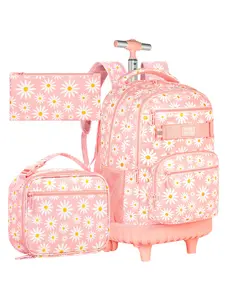 Girls Rolling Backpack, Women Roller Bookbag with Lunch Box for Adults, Water Resistant Wheeled School Bag for College Teens Kids Travel - Pink Flower