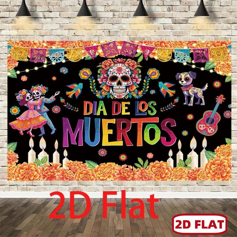 1pc 2D Flat Day of the Dead Banner Backdrop with Skulls, Marigolds, Candles, String Lights, Dancing Couple & Sombreros - Vibrant Mexican Fiesta Party Decorations for Indoor/Outdoor Día de los