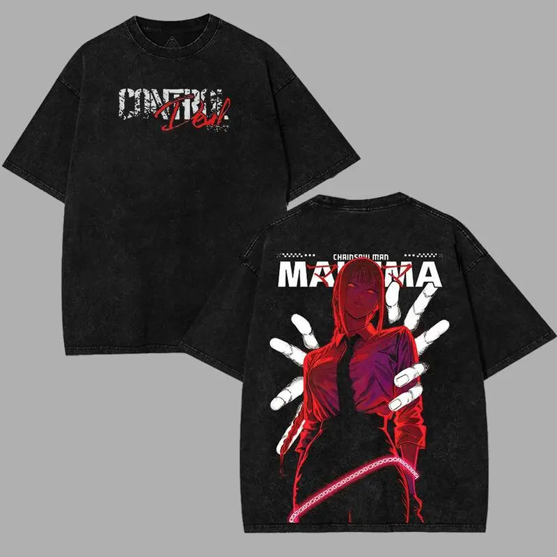 valentine shirts Chainsaw Man Makima Control Devil villains v4 Washed T-shirt Double-Sided Print, Anime Manga Washed Shirt Graphic tees Cotton streetwear vintage unisex merch