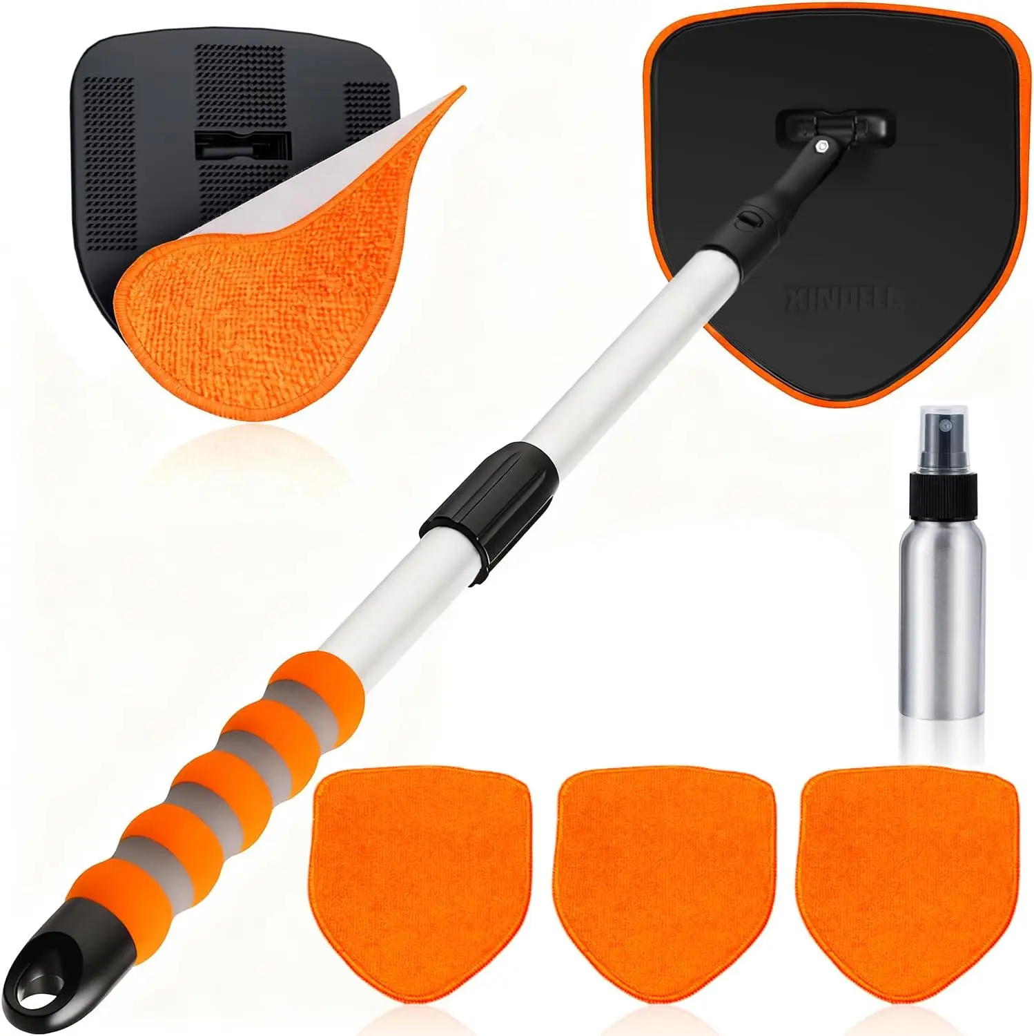 Interior Windshield Cleaner Tool, Car Window Cleaning Kit with 4 Reusable Microfiber Pads, Extendable Handle & 360° Rotating Head, Streak-Free Auto Glass Wiper for Truck SUV RV