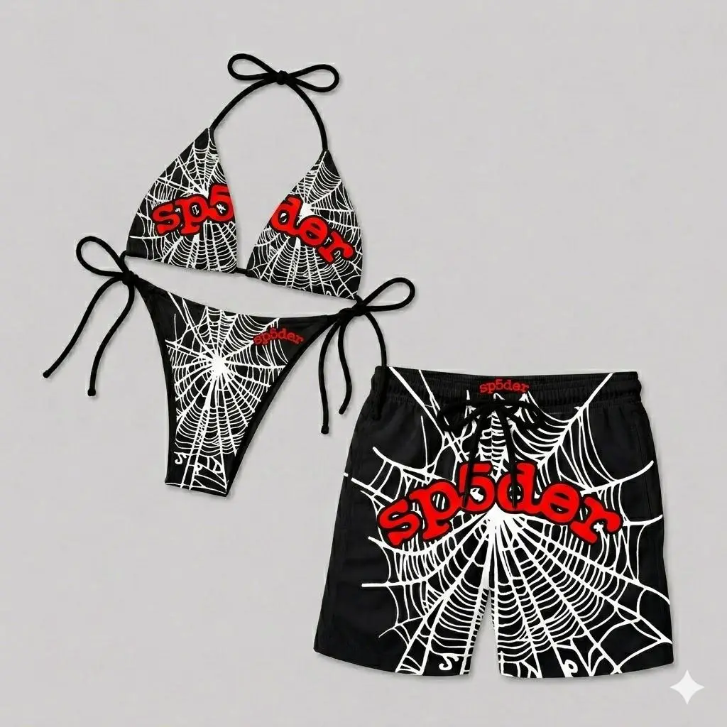 Couples Matching Spider Web Swimwear Set – Y2K Goth Bikini and Men’s Beach Shorts for Vacation & Pool Party