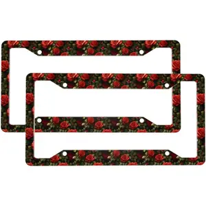 2 Pcs Car License Plate Frames for Women Men - Aluminum Solid Classic Red Rose Print License Plate Cover for Automotive Car Accessories for Women Men with Fasteners and Screws